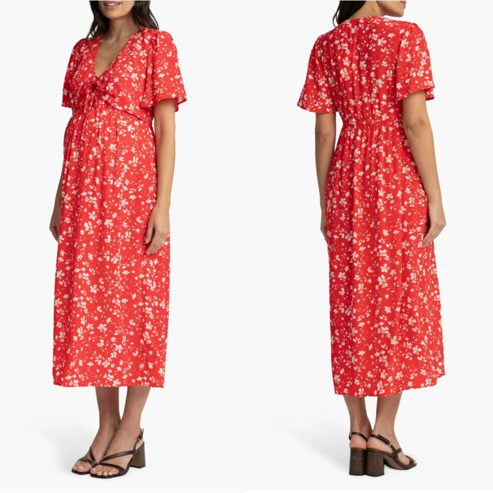 Seraphine Lacey Maternity Nursing Midi Dress Bow Detail Wrap Red Floral US 2 NWT